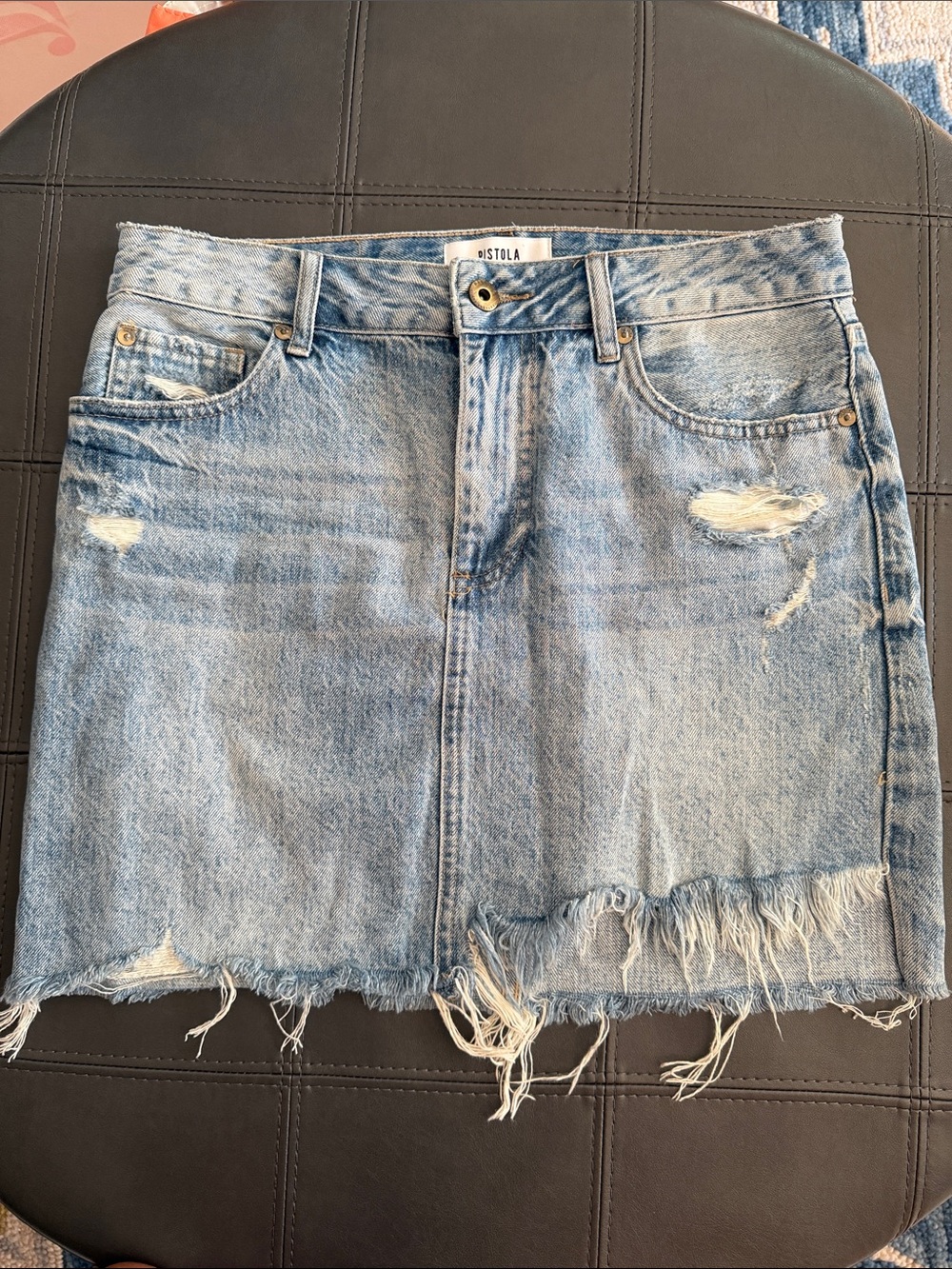 pistola Light Wash Distressed Denim Mini Skirt